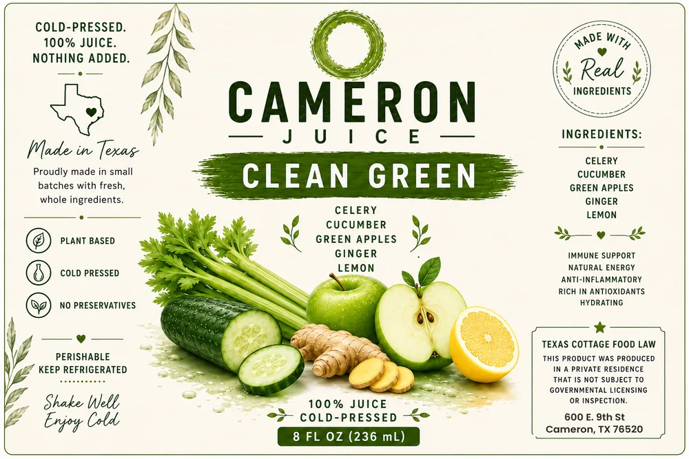 Cameron Juice Clean Green cold-pressed juice — celery, cucumber, green apples, ginger and lemon