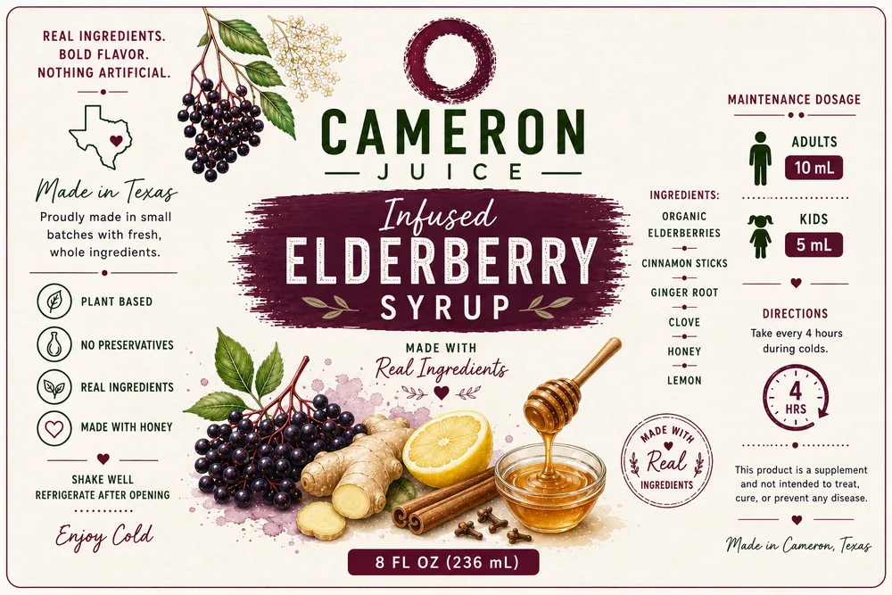 Cameron Juice Infused Elderberry Syrup label