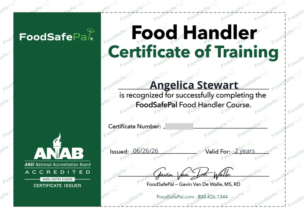 ANAB-accredited Texas Food Handler Certificate of Training from FoodSafePal, awarded to Angelica Stewart of Cameron Juice, valid two years