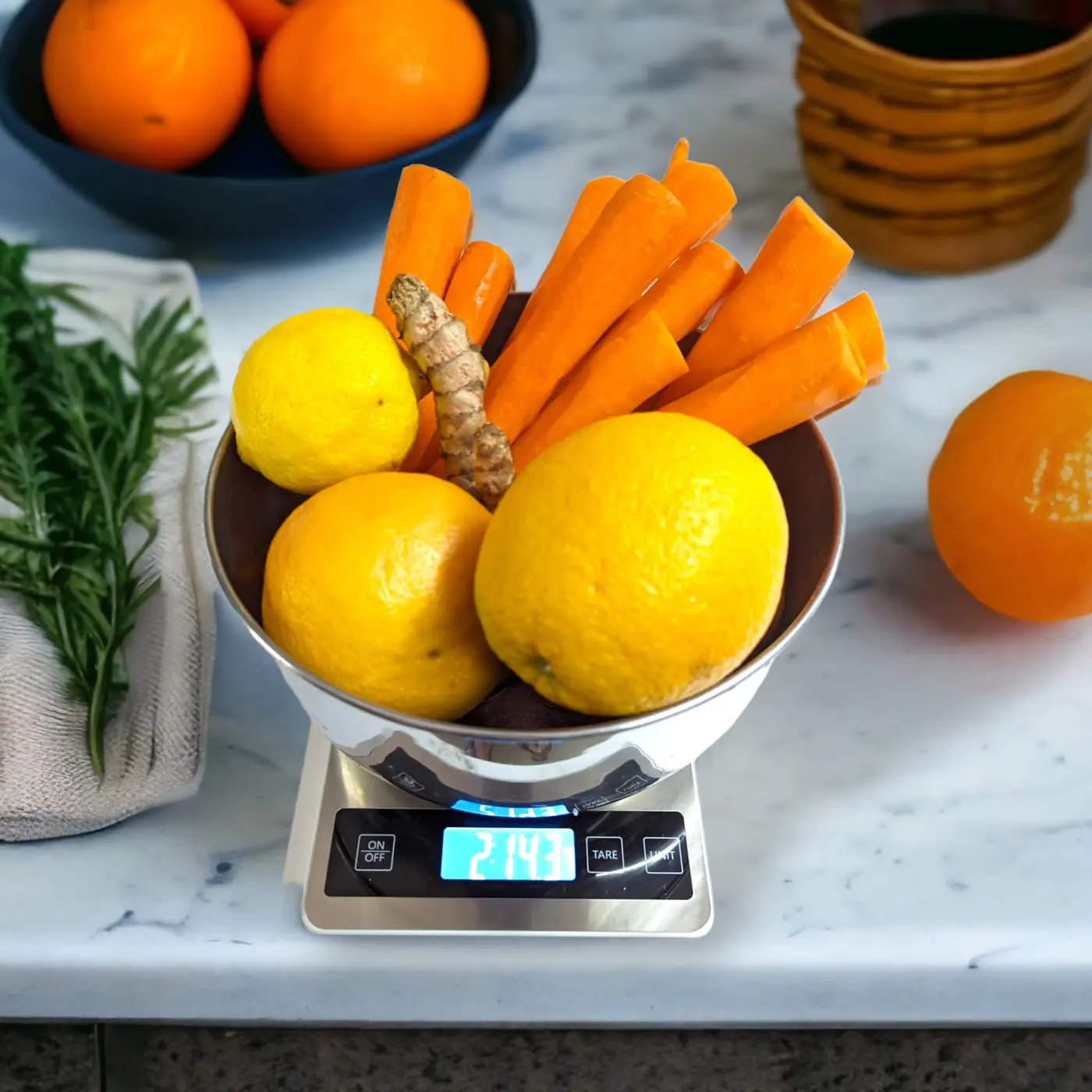 A bowl of oranges, carrots, lemons and turmeric root on a kitchen scale