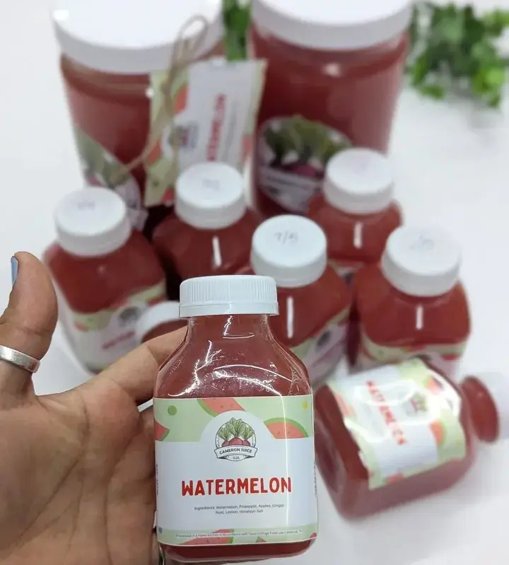 A hand holding a bottle of Cameron Juice Watermelon juice