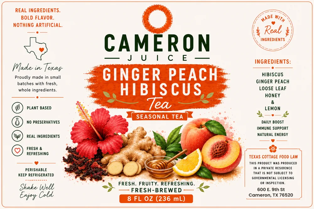 Cameron Juice Ginger Peach Hibiscus Sun Tea — hibiscus and ginger-peach loose-leaf tea, brewed hot and served cold, with honey and lemon