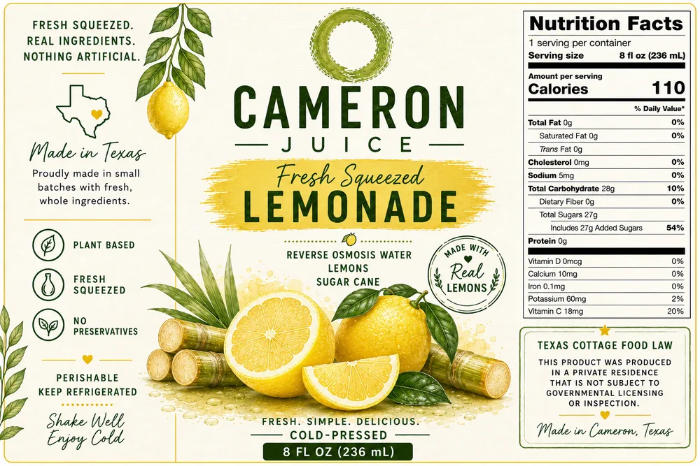Cameron Juice Fresh Squeezed Lemonade label