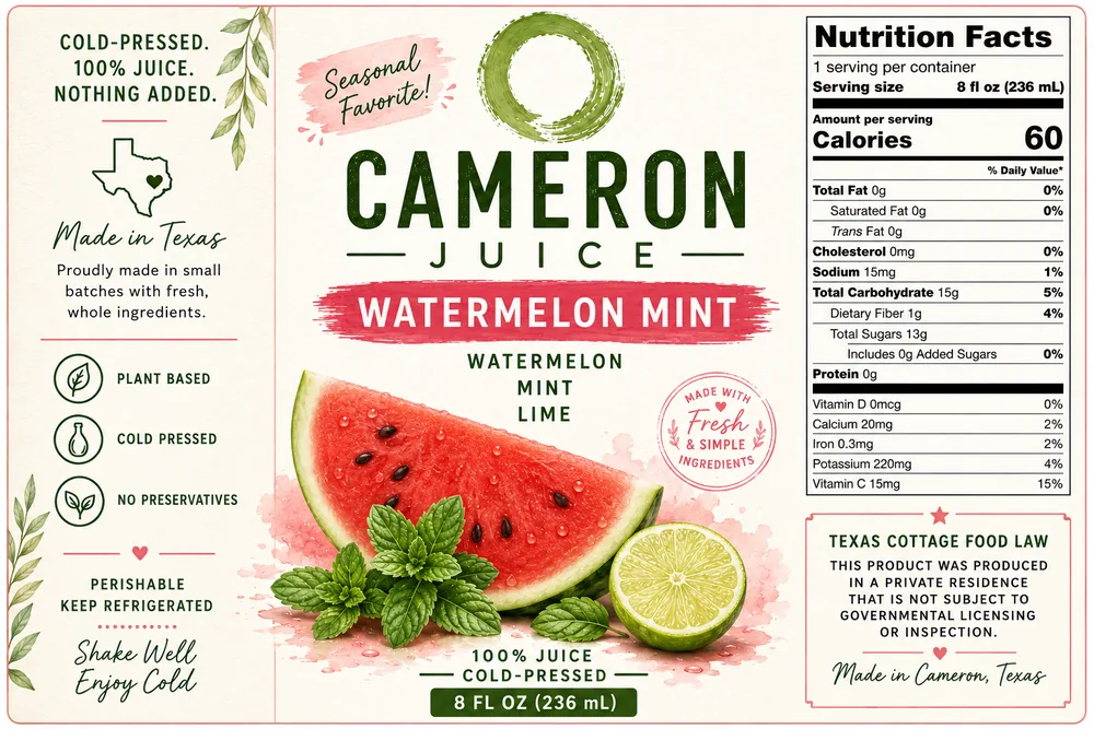 Cameron Juice Watermelon Mint label