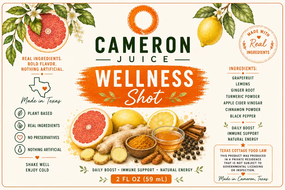 Cameron Juice Wellness Shot label